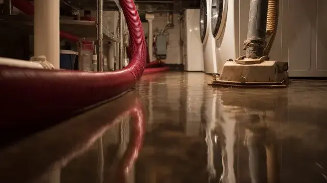 Extraction hose pulling standing water out of a flooded basement in Manchester, NH