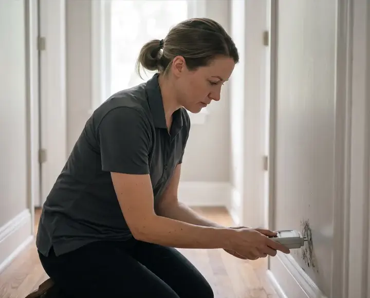 Technician taking a moisture reading on a wall in a Manchester home