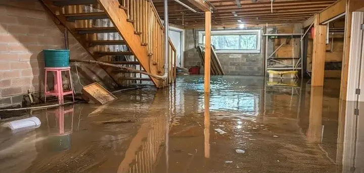 Standing water across a flooded basement floor in Manchester, NH