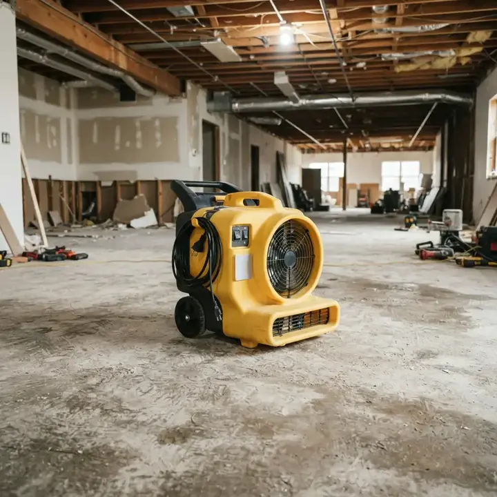 Air mover drying a large open commercial space after water damage