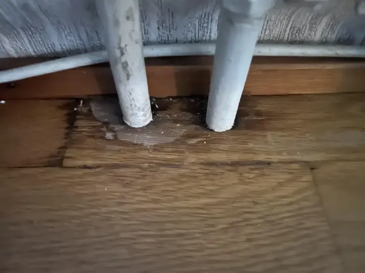 Water staining a wood floor around radiator pipes in an older Manchester home