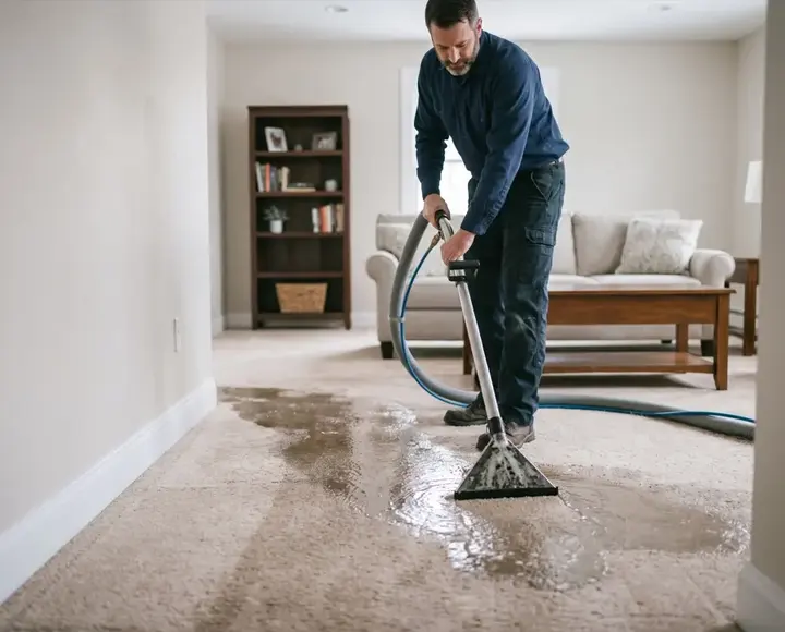 Extraction wand pulling water out of wet carpet in a Manchester home